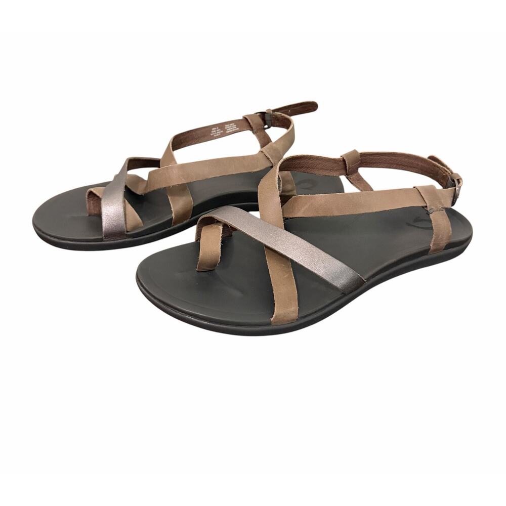 Olukai Upena Strappy Leather Beach Sandals Brown Silver Women’s 10 Sunmer Resort - Picture 4 of 7
